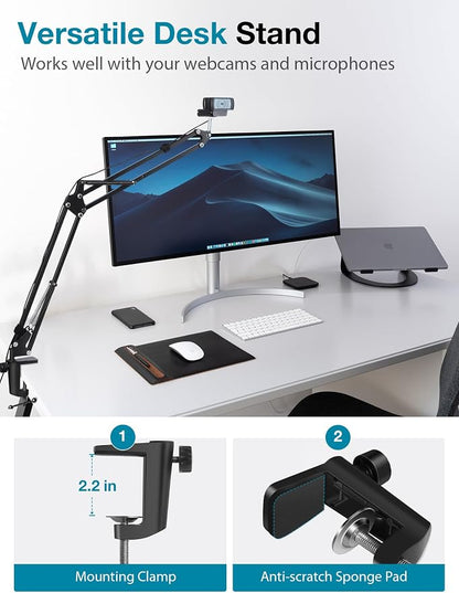 InnoGear Webcam Stand, Boom Arm Mount Stand for Logitech Webcam BRIO 4K C920 C920S C922 C922x C925e C930 NexiGo N60, 1/4"-3/8" and 3/8"-5/8" Screw for Blue Yeti Snowball Yeti Nano and Other Mics