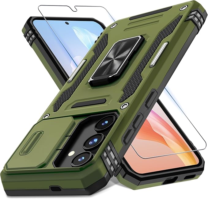 DEERLAMN Case for Samsung Galaxy S25 6.2-Inch with Slide Camera Cover+Screen Protector (1 Pack), Rotated Ring Kickstand Military Grade Shockproof Protective Cover-Olive Green