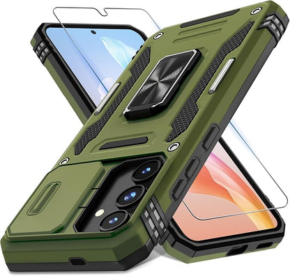 DEERLAMN Case for Samsung Galaxy S25 6.2-Inch with Slide Camera Cover+Screen Protector (1 Pack), Rotated Ring Kickstand Military Grade Shockproof Protective Cover-Olive Green