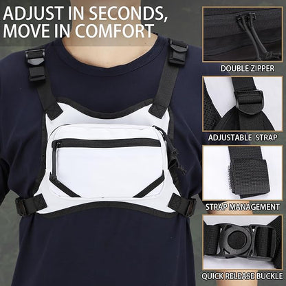 MGFLASHFORCE Chest Bag for Men and Women, Chest Rig Pack Front EDC Pouch Running Vest Phone Holder for Workout, Hiking and Outdoor Sports (White)