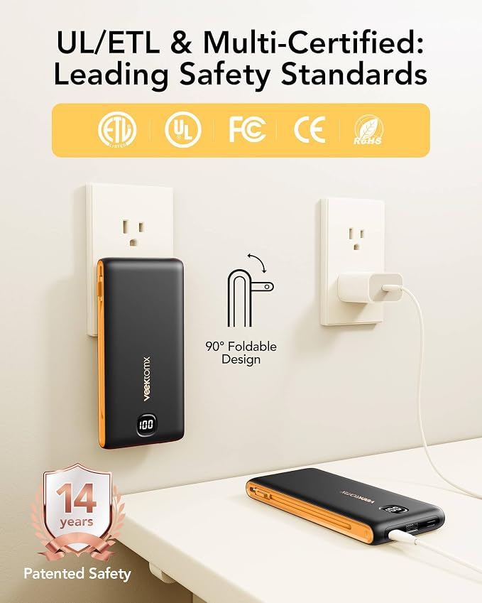 VEEKTOMX Portable Charger with Built in Cables 10000mAh, Power Bank for iPhone with AC Wall Plug, Fast Charging USB C Slim Battery Pack with LED Display Compatible with iPhone 17/16/15, Samsung