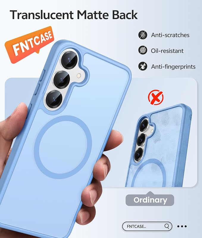 FNTCASE for Samsung Galaxy S25/S24 Case, Fit for Magsafe, Screen Protector | Translucent Matte Magnetic Back, 14FT Military Grade Drop Protection, Shockproof Protective Phone Cover, Light Blue