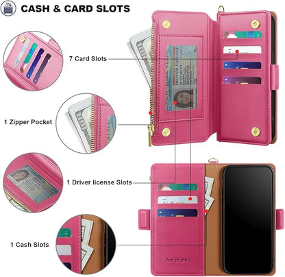 Antsturdy Compatible with iPhone 16 Plus Wallet Case,RFID Blocking PU Leather Phone Case Women Men Kickstand flip Cover Wrist Strap Zipper Credit Card Holder Slots for Apple 16 Plus 6.7",Hot Pink