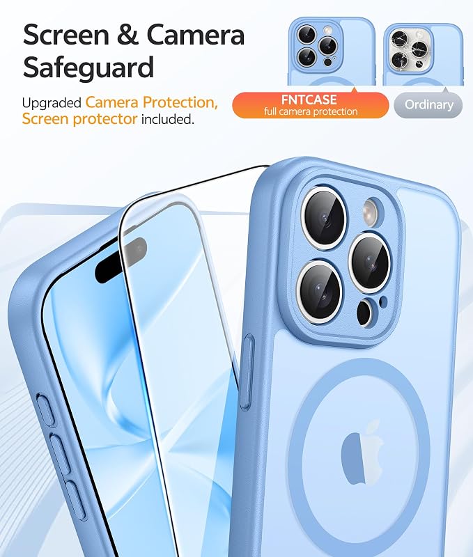 FNTCASE for iPhone 15 Pro Max Case: [Compatible with Magsafe] Translucent Matte Cases with [Full Camera Protection] [Screen Protector] Military Grade Shockproof Protective Phone Cover - Light Blue