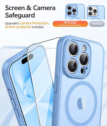 FNTCASE for iPhone 15 Pro Max Case: [Compatible with Magsafe] Translucent Matte Cases with [Full Camera Protection] [Screen Protector] Military Grade Shockproof Protective Phone Cover - Light Blue
