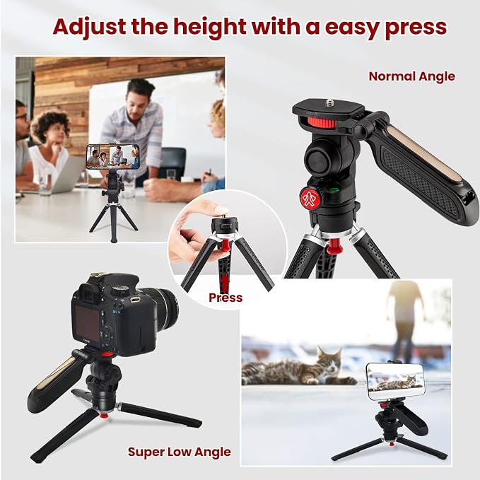 Mini Tripod for Camera, Small Camera Stand Tripod Phone Holder for Video Recording Vlogging Handle Grip with Cell Phone Mount, Cold Shoe Selfie Stick for iPhone Webcam Projector Camera