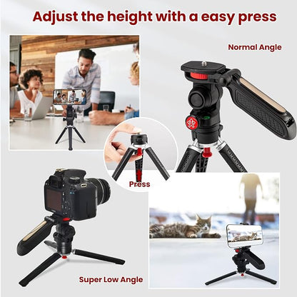 Mini Tripod for Camera, Small Camera Stand Tripod Phone Holder for Video Recording Vlogging Handle Grip with Cell Phone Mount, Cold Shoe Selfie Stick for iPhone Webcam Projector Camera