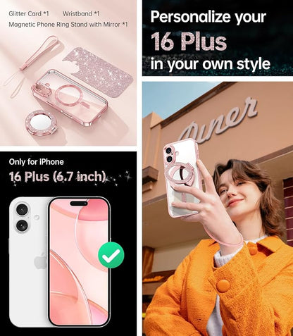 Meifigno Magnetic Case with Removable Phone Ring Stand for iPhone 16 Plus, [Glitter Card & Wrist Strap] [MagSafe Compatible] [Built in Mirror] Magnetic Phone Ring Holder + 16 Plus Case Kit, Rose Gold