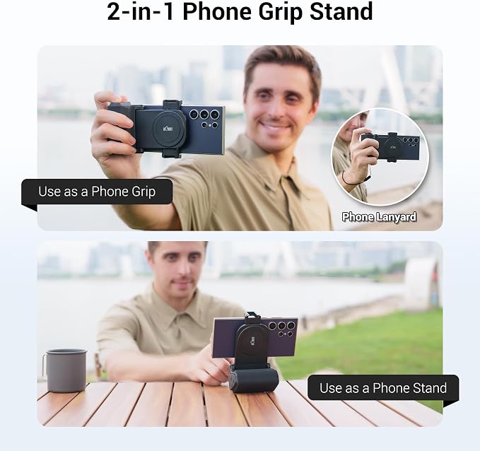 KIWIFOTOS Travel Phone Camera Grip Smartphones Camera Handle with Remote Control & Cold Shoe Mount for iPhone 17 16 15 14 Pro Max Samsung S24 S25 Selfie Vlog Video Shooting