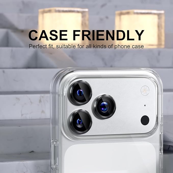 Choiche Compatible for iPhone 17 Pro/iPhone 17 Pro Max Camera Lens Protector, 9H Tempered Glass Camera Cover Screen Protector Metal Ring Decoration Accessories (Black)