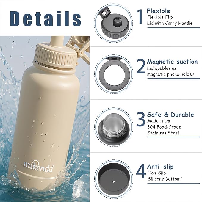 32oz Insulated Tumbler with Magnetic Phone Holder, Gym Water Bottle | Leak Proof Lid, 24hr Cold & 12hr Hot, Non-Slip Base | Travel Mug, Reusable & Eco-Friendly (cream white, 32, ounces)