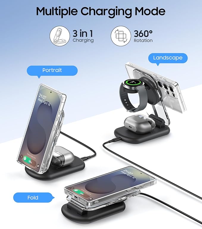 3 in 1 Magnetic Wireless Charging Station for Samsung, Foldable MagSafe Charger Stand with Switchable Night Light for Galaxy S26/S25/Z Fold/Z Flip, Watch Charger for Galaxy Watch Ultra/8/7/6, for Buds