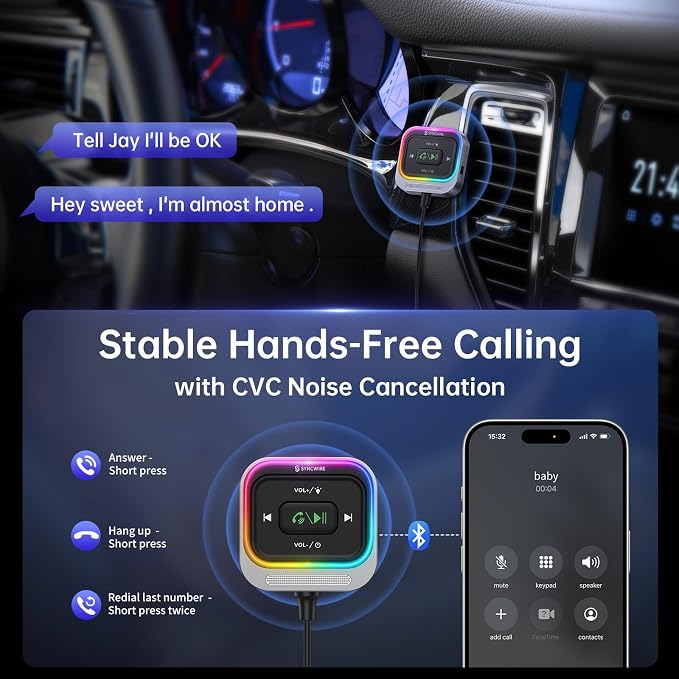 Syncwire Bluetooth 5.4 Receiver 3.5mm Aux Car Adapter Bluetooth Receiver Car Kit with Coiled Cable [Large Mic Noise Cancellation] [Hands-Free Calling] [HiFi Deep Bass] [Colorful Light Switch]