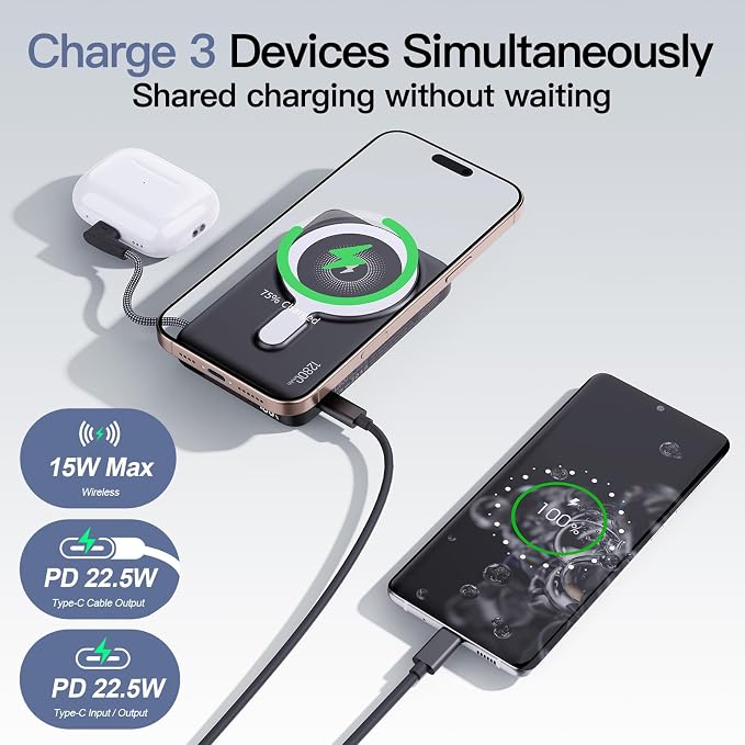 2026 Updated M3 Ultra Slim 0.4'' Wireless Power Bank, 10000mAh Magnetic Portable Charger with Built in Cable and Strap, LED Battery Pack Travel Essentials for iPhone 17/16/15/14/13/12/Pro Max Andriod
