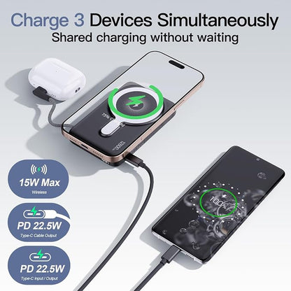 2026 Updated M3 Ultra Slim 0.4'' Wireless Power Bank, 10000mAh Magnetic Portable Charger with Built in Cable and Strap, LED Battery Pack Travel Essentials for iPhone 17/16/15/14/13/12/Pro Max Andriod