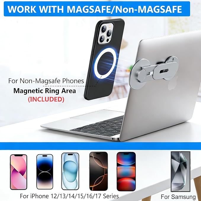 Magnetic Phone Holder for Laptop, MagSafe Laptop Phone Mount for iPhone 17/16/15/14/13/12 & All Phones, 180°Adjustable, Magnetic Phone Holder for Tesla Monitor (Silver)