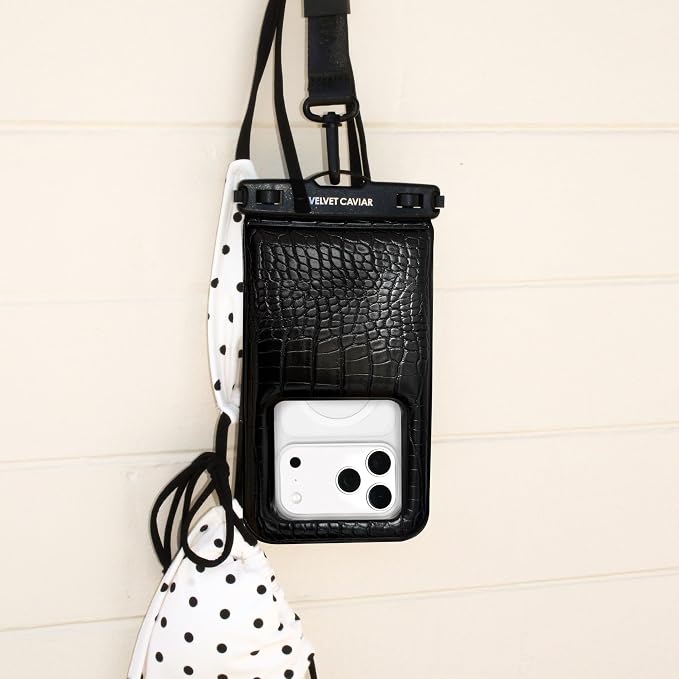 VELVET CAVIAR Waterproof Phone Pouch with Lanyard | IP68 Floating Case for iPhone & All Phones | Dry Bag for Snorkeling, Beach, Kayaking | Travel & Cruise Essentials for Women (Black Croc)