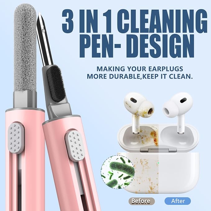 【1 Pack】 Cleaner Kit for Apple Airpods 4 Earbuds,Cleaning Kit Pen Shape with Soft Brush Flocking Sponge Tool for Bluetooth Earphones Headphones Charging Case,Phone,Camera and Computer(Pink)