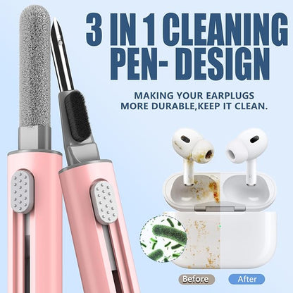 【1 Pack】 Cleaner Kit for Apple Airpods 4 Earbuds,Cleaning Kit Pen Shape with Soft Brush Flocking Sponge Tool for Bluetooth Earphones Headphones Charging Case,Phone,Camera and Computer(Pink)