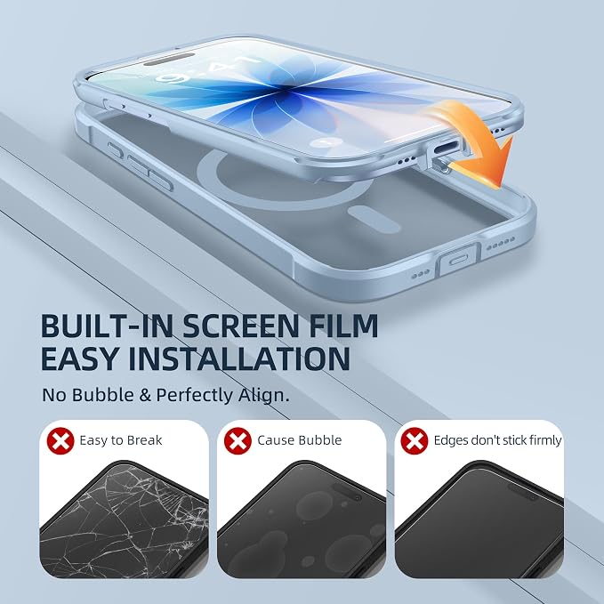 BERFY for iPhone 17 Case, Compatible with MagSafe, Built-in Glass Screen Protector, Camera Protection, Shockproof Full Body Phone case 6.3", Clear Blue