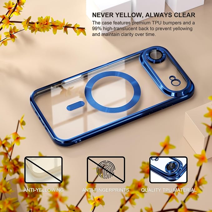 Misea Magnetic for iPhone 17 Air Case Compatible with MagSafe [Never Yellowing] [Military Grade Drop Protection] Full Camera Lens Protector Plating Soft Clear Phone Case for Women, Deep Blue