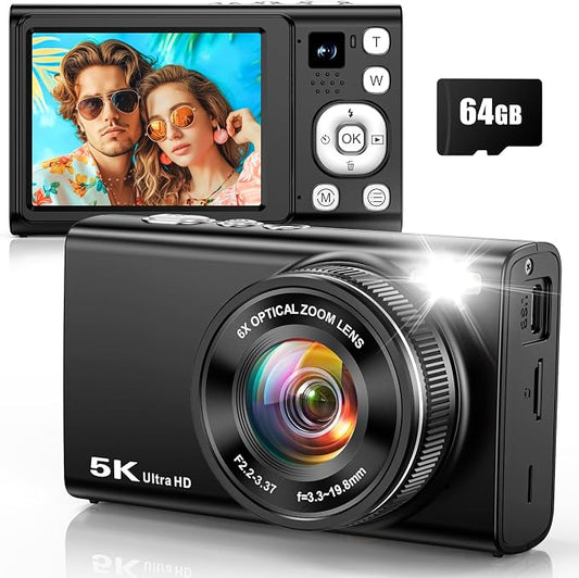 5K 96MP Digital Camera for Photography with 6X Optical Zoom,2026 Upgraded Autofocus Vlogging Camera for YouTube with Dual Lens, 64GB Card, Flash, Anti-Shake, Compact Point and Shoot Digital Cameras