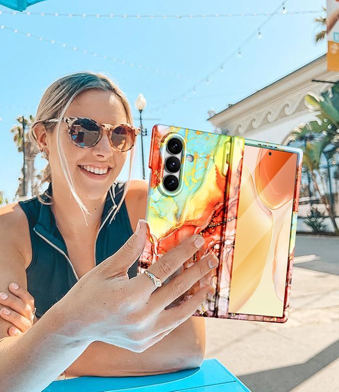 Btscase for Samsung Galaxy Z Fold 7 Case,Built in Front Screen Protector,Gold Glitter Marble Pattern Hard PC Slim Shockproof Full Body Drop Protective Case for Galaxy Z Fold 7 5G, Bright Orange