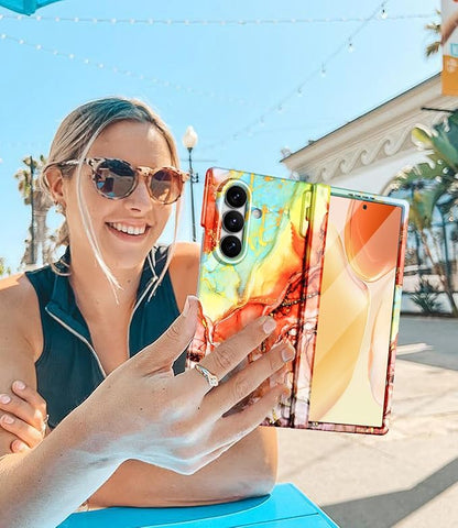 Btscase for Samsung Galaxy Z Fold 7 Case,Built in Front Screen Protector,Gold Glitter Marble Pattern Hard PC Slim Shockproof Full Body Drop Protective Case for Galaxy Z Fold 7 5G, Bright Orange