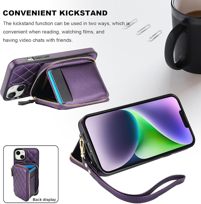 Bocasal Crossbody Wallet Case for iPhone 14 Plus, RFID Blocking PU Leather Zipper Handbag Purse Flip Cover, Kickstand Folio Case with Card Slots Holder Wrist Strap Lanyard 5G 6.7 Inch (Dark Purple)