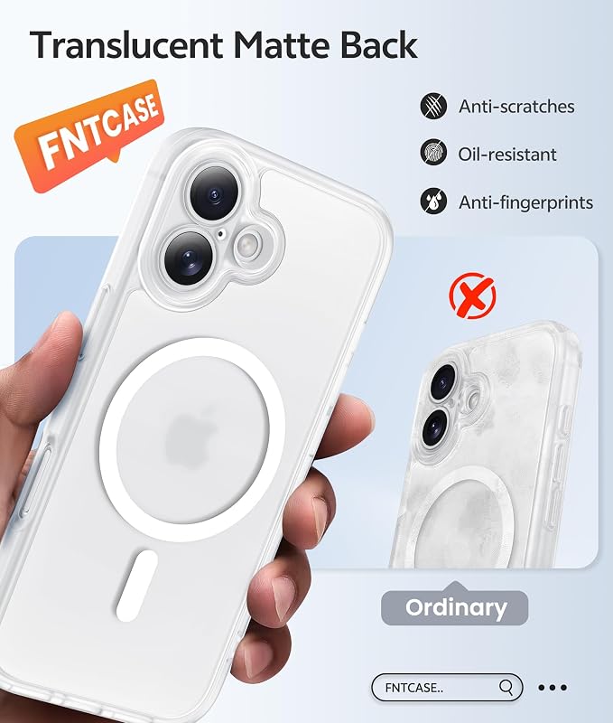 FNTCASE for iPhone 16 Plus Case: [Compatible with Magsafe] Translucent Matte Cases with [Full Camera Protection] [Screen Protector] Military Grade Shockproof Protective Phone Cover - White