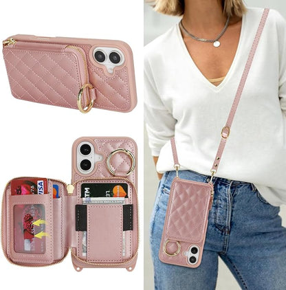 Crossbody Wallet Case for iPhone 17, PU Leather Zipper Handbag Purse Flip Cover, Kickstand Folio Case with Card Slots Holder Wrist Strap Lanyard 5G 6.3 Inch-Rose Gold