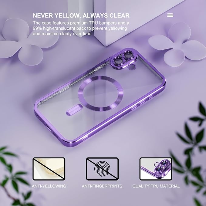 Misea Magnetic for iPhone 16 Plus Case Compatible with MagSafe [Never Yellowing] [Military Grade Drop Protection] Full Camera Lens Protector Plating Soft Clear Phone Case for Women 6.7", Deep Purple