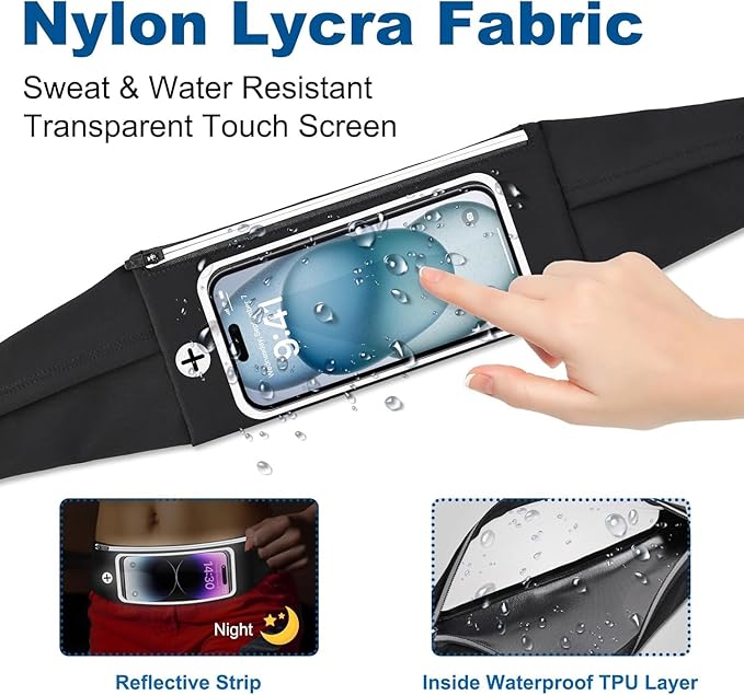 Running Belt Waist Packs with 3 Pockets Touchscreen Window for Women & Men Sweatproof Fitness Belt for iPhone 15 Pro Max 14 Pro Max 13 Pro 12 11 Fit Smartphone Up to 7"