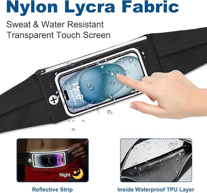 Running Belt Waist Packs with 3 Pockets Touchscreen Window for Women & Men Sweatproof Fitness Belt for iPhone 15 Pro Max 14 Pro Max 13 Pro 12 11 Fit Smartphone Up to 7"