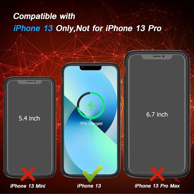 Battery Case for iPhone 13, [10000mAh] Enhanced Rechargeable Portable Protective Qi Wireless Charger Case Battery Pack Support CarPlay Wireless Charging Cover Compatible with iPhone 13(6.1 inch)-Black