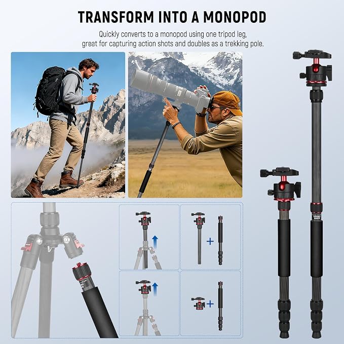 NEEWER Basics Carbon Fiber Travel Tripod Monopod, 64" Compact Lightweight Portable Camera Cell Phone Holder Stand Compatible with iPhone Video Recording, Arca Type Ball Head, Max Load 13.2 lbs, TP17B