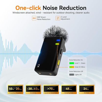 4-Person Wireless Lavalier Microphones Systems for Group Videos & Interviews, Compatible with iPhone, Android, Camera, 656ft Range, Smart Display, 2-Level Noise Reduction, Magnetic Mount,Safety Track