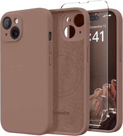 Magnetic for iPhone 14 Case, Compatible with MagSafe, [Full Camera Protection][Screen Protector] Silicone Shockproof Protective Phone Case for iPhone 14 6.1 inch, Brown