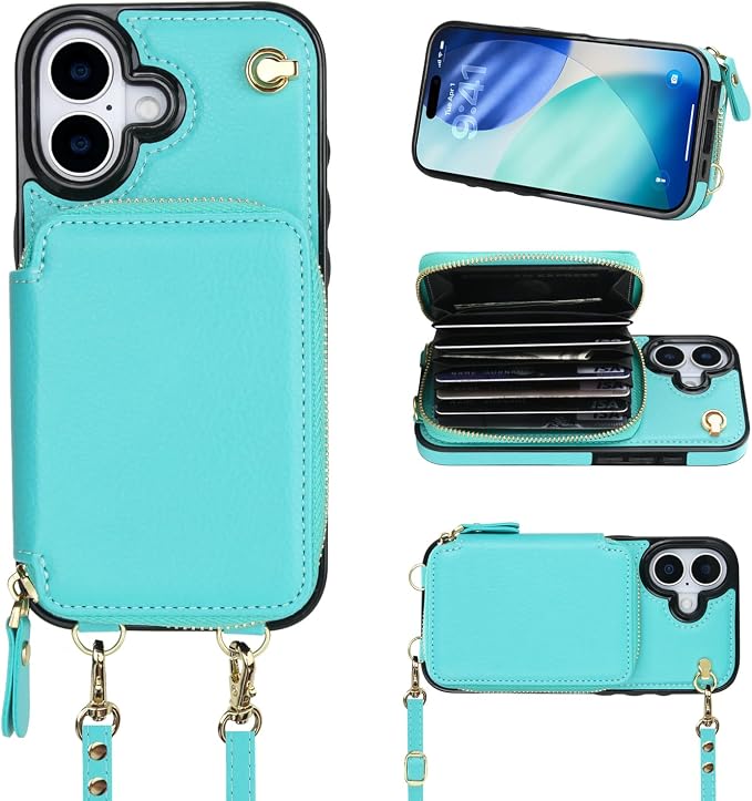 Bocasal Crossbody Wallet Case for iPhone 17, RFID Blocking Leather Purse Case with Card Holder, Protective Handbag Flip Cover with Zipper Wrist Strap Lanyard for Women 5G 6.3 Inch (Mint Green)