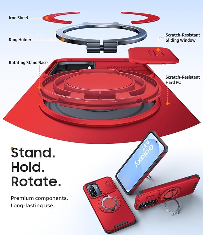 JAME for Samsung Galaxy A37/A36/A56 5G Case, Ring Holder Stand Kickstand, Slide Camera Cover, 2 Screen Protectors, Dual-Layer Shockproof Protective, Magnetic Accessory Friendly Phone Case, Red