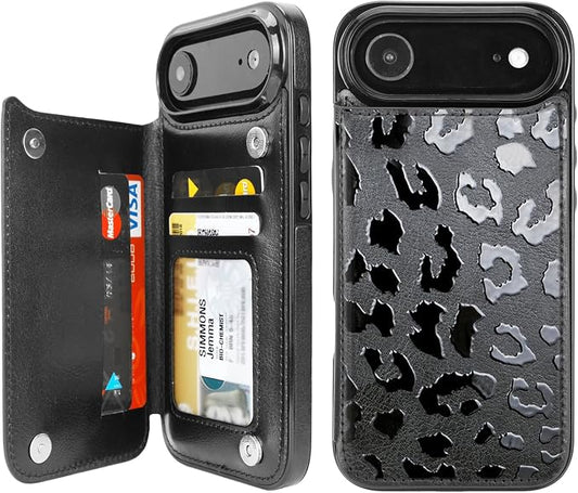 uCOLOR for iPhone 17 Air Wallet Case with Card Holder PU Leather RFID Blocking Design iPhone Air flip case for Women Men Magnetic Clasp Kickstand Design 6.5 inch (Black Leopard)