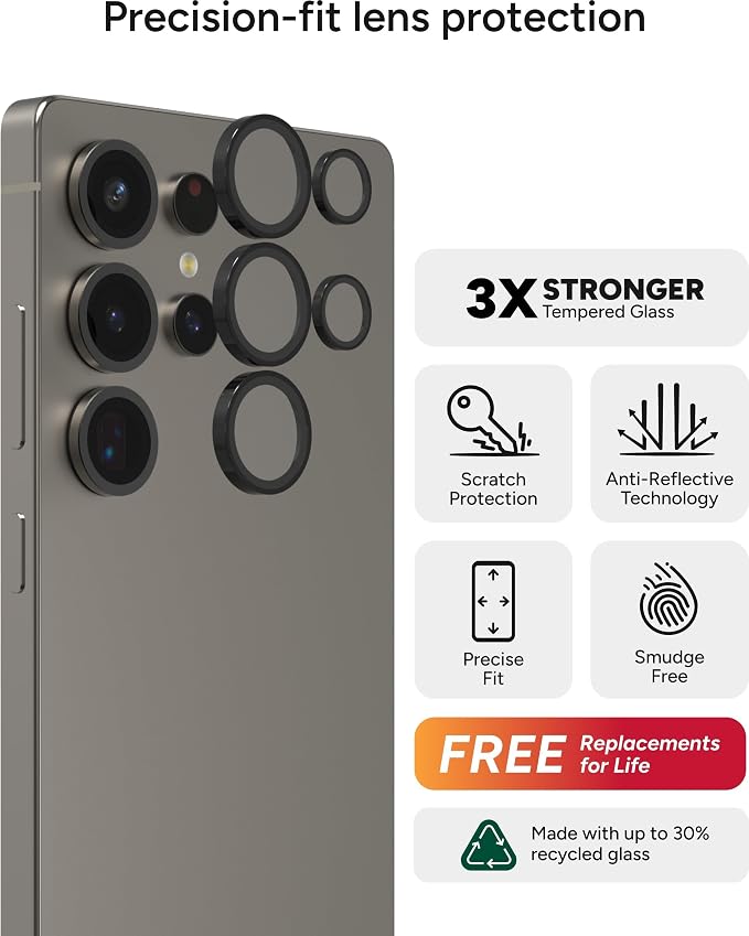 ZAGG Glass Elite Anti-Reflective Samsung Galaxy S25 Ultra Camera Lens Protector – Anti-Glare Technology, Maximum Impact & Scratch Resistance, Smudge-Free Surface, Recycled Materials