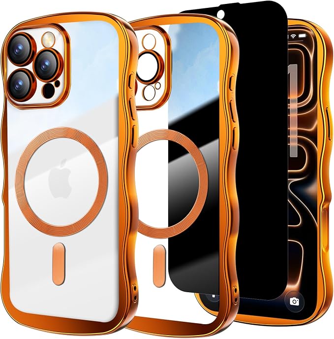 Misscase Designed for iPhone 16 Pro Case 6.3",with Privacy Screen Protector*1,Cute Wave Frame Case with Camera Lens Protector,Compatible with MagSafe Plating Bling for Women Orange