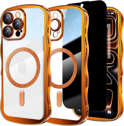 Misscase Designed for iPhone 16 Pro Max Case 6.9",with Privacy Screen Protector*1,Cute Wave Frame Case with Camera Lens Protector,Compatible with MagSafe Plating Bling for Women Orange