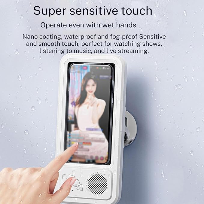 Waterproof Shower Phone Holder with Bluetooth Speaker, 100% Waterproof Fog‑Resistant Bathroom Phone Case, 480° Rotatable Retractable Mount for All Phones (White)