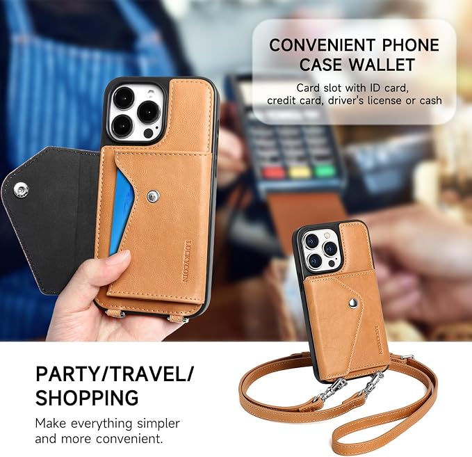 LUCKYCOIN for iPhone 15 Pro Crossbody Wallet Case – Genuine Leather Phone Purse with Adjustable Strap and Card Holder,Lanyard Phone Purse Case for Women,Vintage Tan