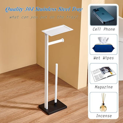 Freestanding Toilet Paper Holder Stand–Stainless Steel Bathroom Tissue Holder with Storage Tray & Roll Organizer (White & Black)
