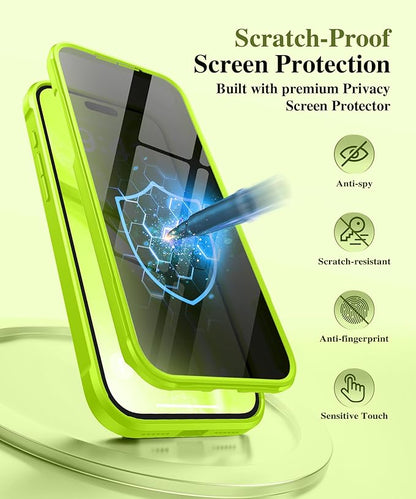 BERFY for iPhone 17 Pro Case, Compatible with MagSafe, Built in Privacy Screen Protector, Shockproof Full Body Phone Case for 17 Pro with Magnetic Stand, Translucent Bright Green