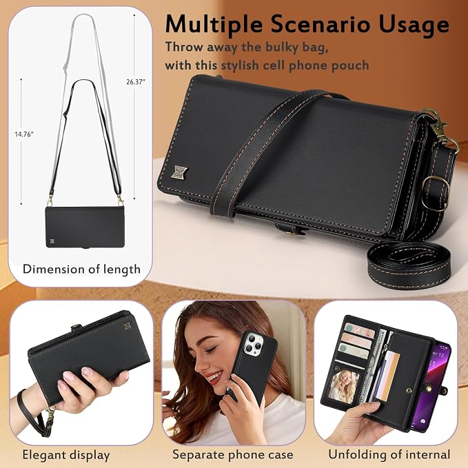 for Wallet Case Compatible with iPhone 13 Pro Max,Multi-Function Detachable 2 in 1 Magnetic iPhone 13 Pro Max Case Wallet,Flip Strap Zipper Card Holder Phone Case with Shoulder Straps (Black)