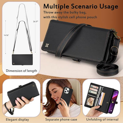 for Wallet Case Compatible with iPhone 13 Pro Max,Multi-Function Detachable 2 in 1 Magnetic iPhone 13 Pro Max Case Wallet,Flip Strap Zipper Card Holder Phone Case with Shoulder Straps (Black)